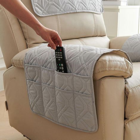 Housse d'accoudoir multifonctionnelle pour canapé avec poches et tapis de rangement imperméable, gris clair. (1/5)