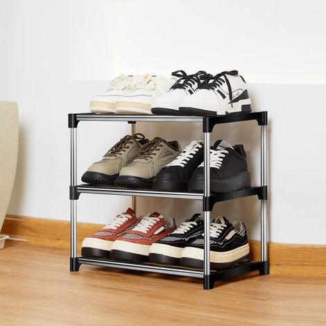 Schuhregal, stapelbarer Schuhschrank aus Metall, kleines 3-stöckiges Schuhregal, Schuhaufbewahrung für 6 Paar Schuhe für Eingangsbereich, Flur, Schlafzimmer (1/3)