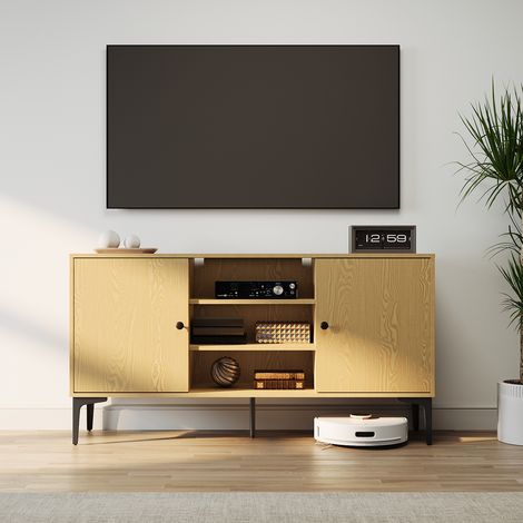 SIRHONA Meuble TV Support télévision Meuble TV style moderne avec porte battante meuble TV couleur imitation bois 140x35x70 cm (1/5)