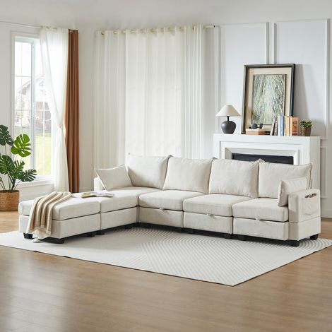 FloraGrace Canapé modulable en chenille beige, convertible en lit, avec rangement, 6 places, 4 colis (1/5)