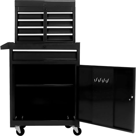 Boîte à outils Coffre à 5 tiroirs avec roulettes plateaux supérieurs amovibles et étagères réglables Noir (1/5)