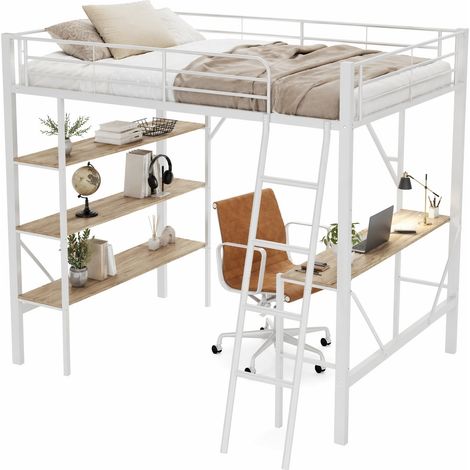Letto a soppalco 90x200 cm con scrivania, 3 ripiani, struttura in metallo e MDF, scala stabile e sponde di sicurezza, bianco moderno per studio e risparmio spazio  CHICFURN (1/5)
