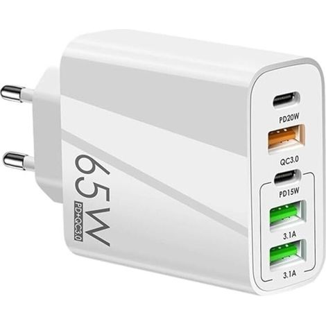 Chargeur multiport USB,65W Prise USB C,5 Ports Chargeur Rapide,Multi Secteur PD15W 20W+QC3.0+3.1A Chargeur Secteur,Tête de charge rapide pour iPhone Samsung Xiaomi Huawei (1/5)