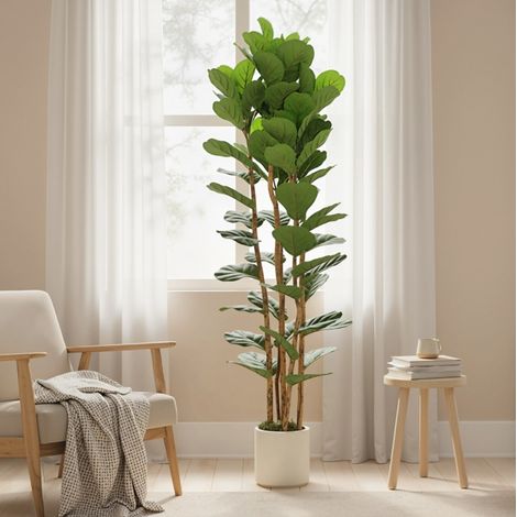 Ficus lyrata artificiale 91 foglie, tronco in legno, vaso bianco, 55 x 55 x 180 cm, verde (1/5)