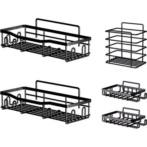 Bathroom Shelf with Soap Holder, 5-Piece Set, No-Drill Shower Shelf, Rust-Proof Bathroom Accessory, Shower Storage with Hooks, Bathroom and Kitchen Essentials (Black) (1/4)