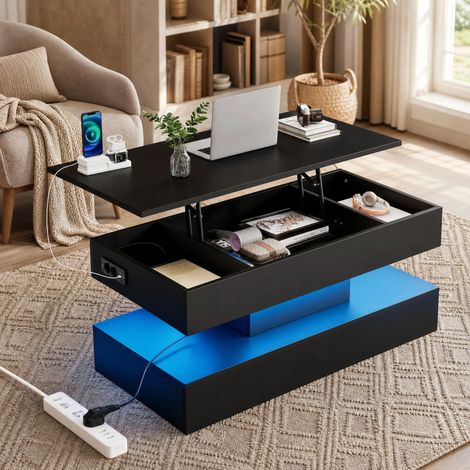 Table basse relevable avec LED, rangement caché et prises EU, 100 x 50 x 42 cm, noir DESVIAE (1/5)