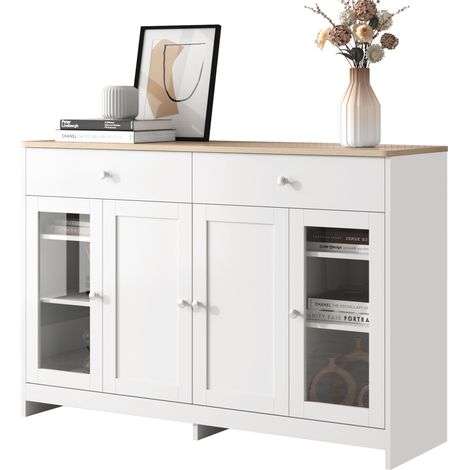 Buffet à veinage bois blanc, 4 portes, 2 tiroirs, porte vitrée, pour salon et salle à manger, couleur bois et blanc