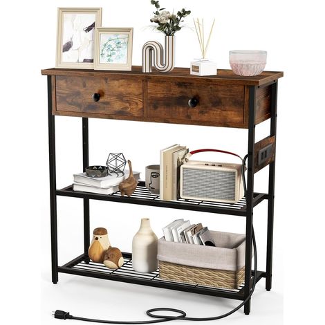 COSTWAY Mesa Consola Recibidor de Entrada con Estación de Carga, Mesa Estrecha con 2 Cajones y 2 Estantes de Malla Metálica, 2 Tomas de Corriente y 2 Puertos USB para Sala de Estar, Vestíbulo, Sofá (1/5)