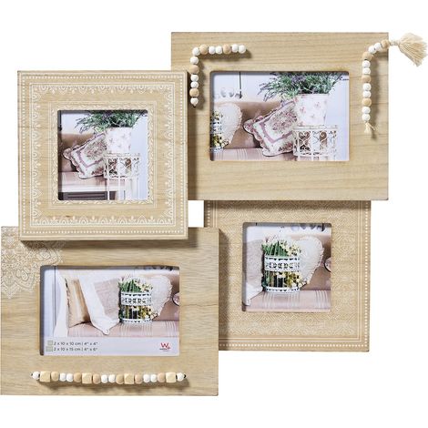 Cadre Photo Naturel 2X 10x10 et 2X 10x15 cm Cadre en Bois avec Bijoux en Perles, Naturalité RY444H (1/2)