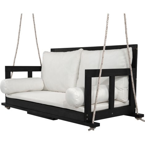 Balançoire Double Jardin Bois d'Acacia Noir/Beige – Coussins Amovibles Lavables, 2 Sangles Incluses, Sans Support