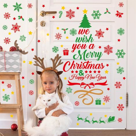 Stickers muraux Joyeux Noël et Bonne Année avec flocons de neige, sapin de Noël, traîneau du Père Noël et éléments festifs – Autocollants repositionnables pour portes, fenêtres et murs – Décorations d (1/5)