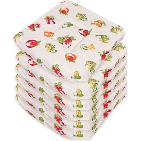 Set 6 Cuscini Sedia Cotone Universali Lettere & Frutta Coprisedie Lavabili Con Lacci