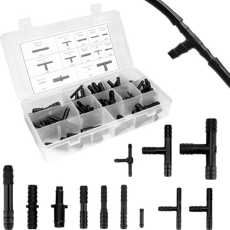 Kit Complet de 113 Raccords de Tuyauterie Universels en T - 12 Tailles avec Raccords Droits et Réducteurs pour Tuyau d'Arrosage, Système d'Irrigation, Lave-Glace Auto et Jardin (Noir) (1/5)