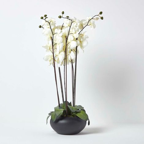 HOMESCAPES Large Oriental Style Cream Orchids in Black Bowl