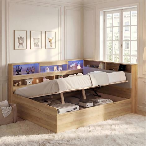 Divano letto 140x200 cm, letto contenitore idraulico per adulti, LED, USB-C, MDF naturale