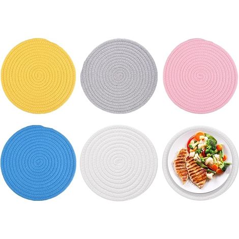 Dessous De Verre Ronds, De Plat en Fil Coton, Tressés Tapis Porte Casseroles, 12×12 cm Set Table Rond pour Poêles Assiettes Tasses (1/5)