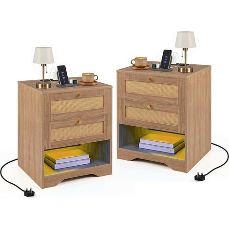 Lot de 2 tables de chevet LED avec station de charge, 2 tiroirs et niche ouverte, effet rotin (1/5)
