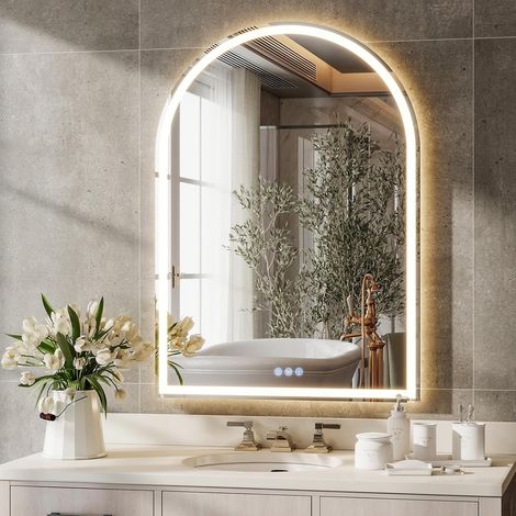 90 x 60 cm Miroir de salle de bain LED avec rétroéclairage, miroir cosmétique bombé avec fonction anti-buée, à intensité réglable, trois couleurs de lumière, fonction de mémorisation, verre (1/5)