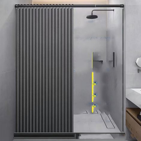 Rideau de douche pliable bohème – Rideau de douche accordéon, imperméable, anti-perforation, lin très résistant (100 x 200 cm, gris) (1/5)