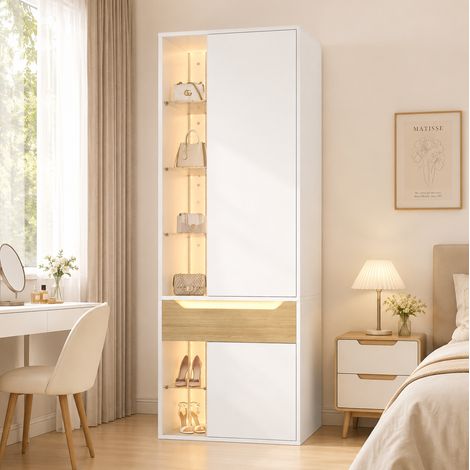 Armadio 75 x 50 x 200 cm con anta in vetro, LED, 1 cassetto, 6 scomparti, MDF bianco (1/5)