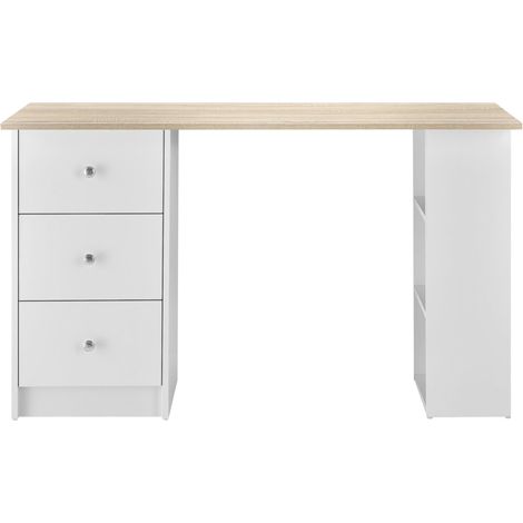 Helloshop26 – Bureau droit 120 cm blanc et bois – Poste de travail informatique avec 3 tiroirs – Dimensions 120x49x72 cm – Haut de gamme mélaminé