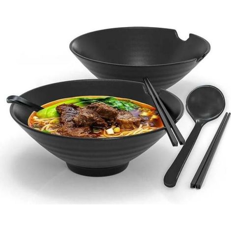 Ensemble de 2 bols à ramen – Service de table japonais traditionnel avec baguettes et cuillère, noir (1/5)