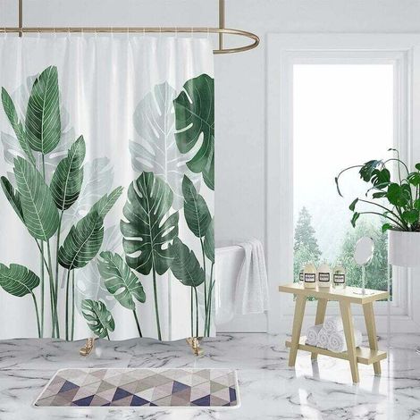 Cortina de ducha de 180 x 200 cm, resistente al moho, con estampado de hojas y plantas verdes, repelente al agua, fabricada en poliéster, lavable, con 12 anillas.
