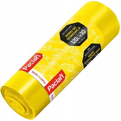 Sacs Poubelles - 10 Pièces - 120 L - 70 x 110 cm - Jaune - Pour Tri Sélectif Plastique et Métal