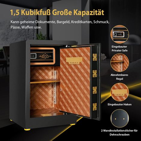 COSTWAY 42,5L Safe Tresor mit Zahlenschloss eingebauter abschliessbarer Box abnehmbarem Regal Feuerfest Moebeltresor inkl. 2 Notschlüssel 37,5 x 36,5 x 59 cm (1/4)