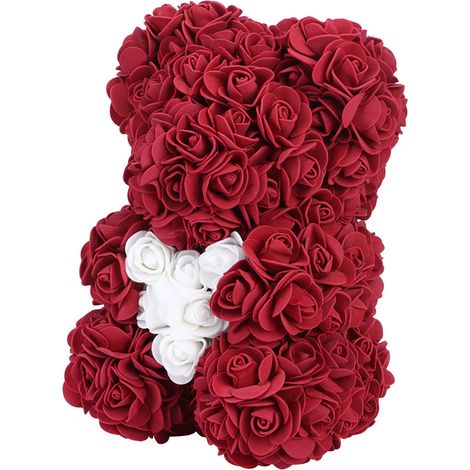 Magnifique ours en forme d'ours, orné d'une rose artificielle, cadeau idéal pour la Saint-Valentin. Ours rouge foncé avec cœur blanc. (1/5)