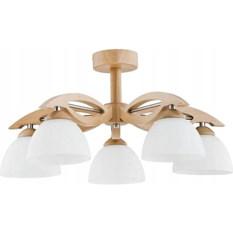 Alfa ARROW Scandinavian 5-Light Ceiling Lamp, Light Wood & Chrome Finish, White Shades, 65cm Flush Mount Ceiling Light, E27 Bulbs Max 15W Each, Indoor IP20