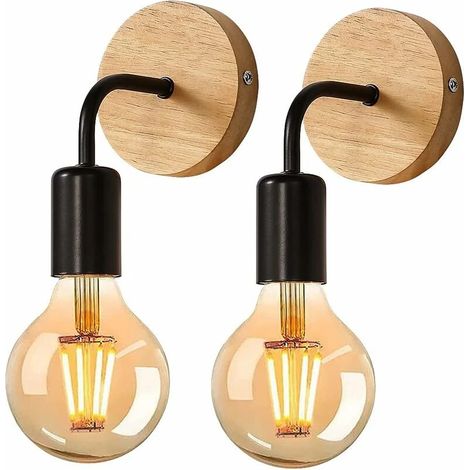 Wandleuchte Innen Vintage 2 Stück, Wandlampe Innen Industrial Holz, E27 Wandstrahler Retro Metal für Schlafzimmer, Wohnzimmer, Treppen, Flur, Esszimmer, Schwarz