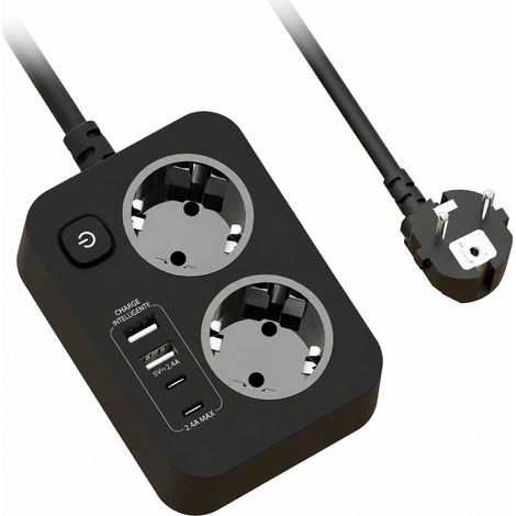 Multiprise standard européen noir 2 prises 2 USB 2 Type-C interrupteur général câble 1,8 m noir 17 × 12 × 4,5 cm 5 kg – Livraison gratuite (1/5)