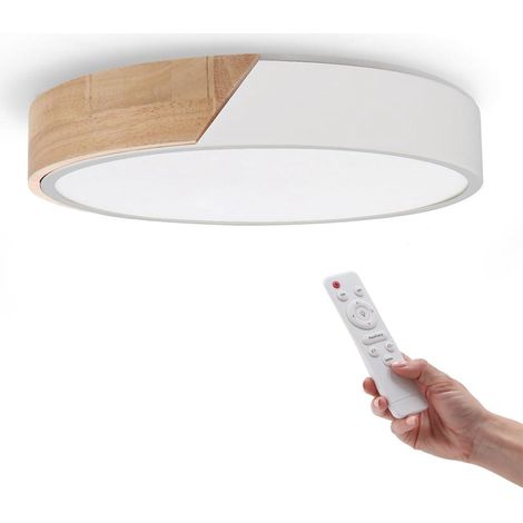 Plafonnier LED Rond Blanc 24W avec Télécommande Réglable 2700K-6500K du Blanc Froid au Blanc Chaud et Intensité 2400LM Design Blanc avec Bois Naturel pour Salle de Bain Cuisine (1/5)