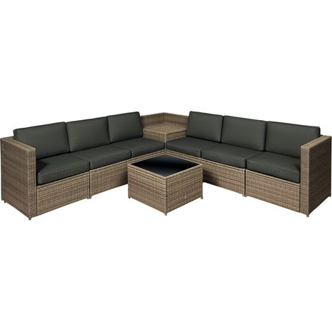 Outsunny 8 Pieces Outdoor PE Rattan Sofa Set with Cushions, Patio Garden Furniture Sets with Glass Top Coffee Table, Storage Corner Table, Mixed Brown