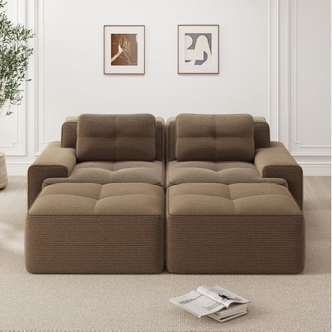 Canapé modulaire 2 places brun en velours côtelé avec assise profonde et ottoman (1/5)