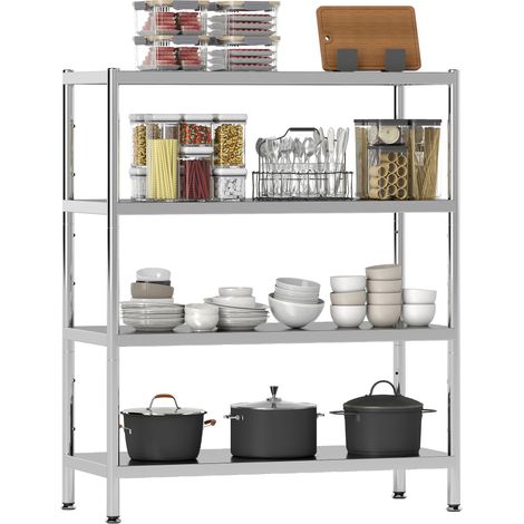 Scaffale da Cucina a 4 Livelli Regolabili su 10 Altezze Diverse, in Acciaio Inox, 91x40x108 cm, Argento (1/5)