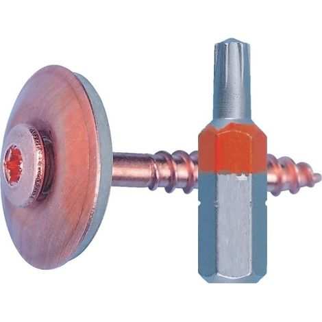 Vis d'étanchéité en acier inoxydable A2 - Cuivre - AW 20-4,5 x 45 avec disque d'étanchéité de 25 mm de diamètre - Joint EPDM - Pointe d'aiguille - Avec embout assorti