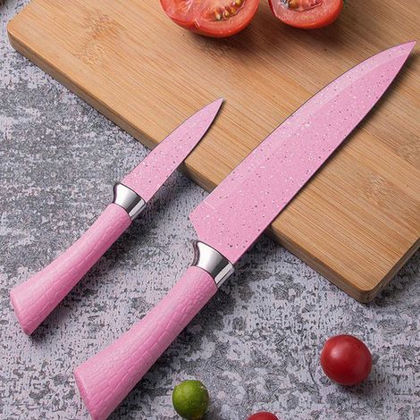 Ensemble de 6 couteaux colorés en acier inoxydable, pratique et doté d'un manche ergonomique pour la découpe (rose). (1/5)