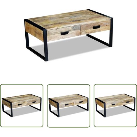 The Living Store Couchtisch mit 2 Schubladen Massivholz Mango 100x60x40 cm - Vintage Couchtisch - Holzmöbel - Mangoholz Couchtisch - Industriel Style - Wohnzimmerstil (1/5)