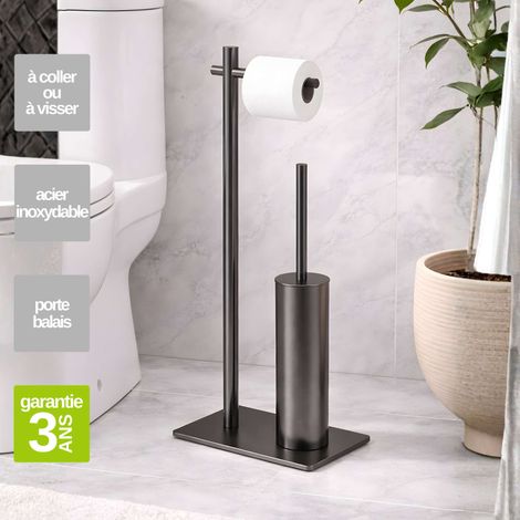 Porte papier toilette avec Porte-balai WC intégré - acier inoxydable S.304 noir mat - Fixation Collée ou Vissée (1/3)