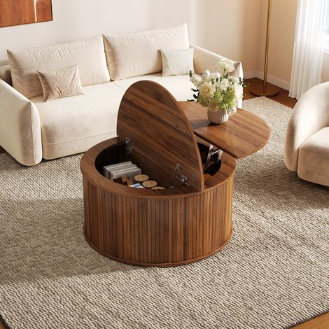 Couchtisch rund - Ø 88 x 53,5 cm - Wohnzimmertisch höhenverstellbar mit Stauraum und Hebefunktion - MDF Holz modern - Nussbaumbraun (1/5)