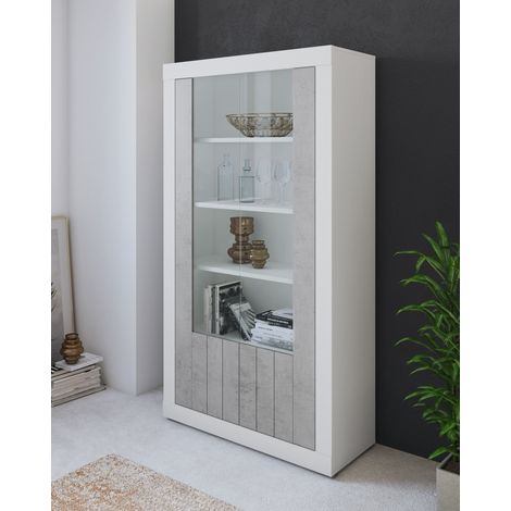 Vetrina Moderna 2 Ante In Vetro Con Pannelli Effetto Legno Libreria Soggiorno Sala da Pranzo Vetrinetta Stile Contemporaneo 104.8 x 41.8 x 191 Cm Grigio Cemento