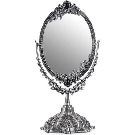 Miroir de maquillage ovale vintage double-face en verre argenté – design rétro élégant, idéal pour salle de bain ou dressing (1/4)
