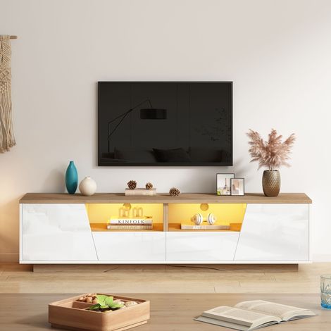 Mobile TV 180 cm con LED, 2 cassetti e 2 ante, per TV fino a 75 pollici, finitura lucida, design moderno bianco e legno (1/5)