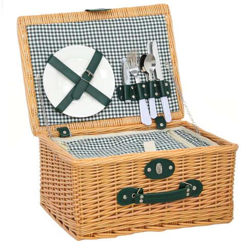 Panier de pique-nique en bois de saule, sac de pique-nique pour 2 personnes avec compartiment isotherme et couverts, marron clair
