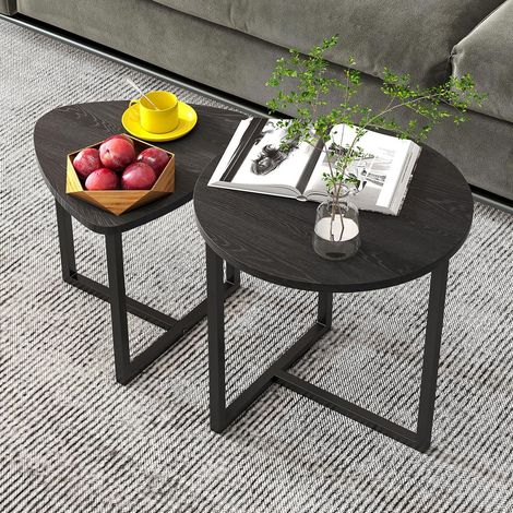 Couchtisch rond 2 pièces 45x50 cm en bois et métal noir, gain de place pour salon FloraGrace (1/5)