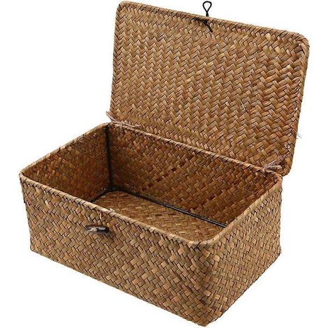 Boîte de rangement tressée avec panier et couvercle - Ensemble de pièces - Panier rectangulaire en jonc de mer et panier de rangement avec couvercle - Étagère et organiseur de rangement en rotin S (1/5)