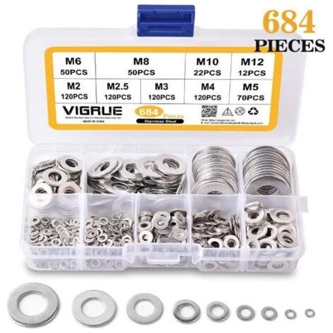 684 Pièces Inox Rondelles Plates Metal, pour Gonds de Porte, 9 Tailles Rondelles Acier Inoxydabl 304 -Rondelle Carrossier Inox(M2-M12) (1/5)
