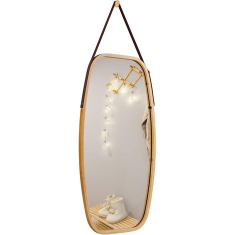 Miroir Mural, Miroir de Salle de Bain Suspendu avec Bracelet en Cuir réglable et Cadre en Bambou, Miroir Bijoux avec Coins arrondis pour entrée, Salon et Chambre à Coucher (1/5)